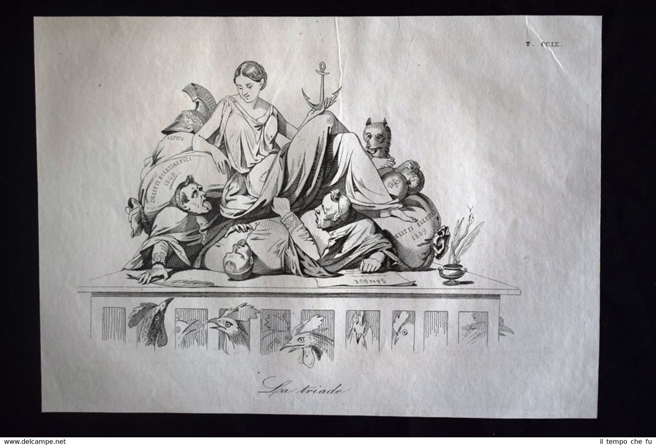 Incisione d'allegoria e satira Altieri, Della-Genga, Vannicelli Don Pirlone 1851