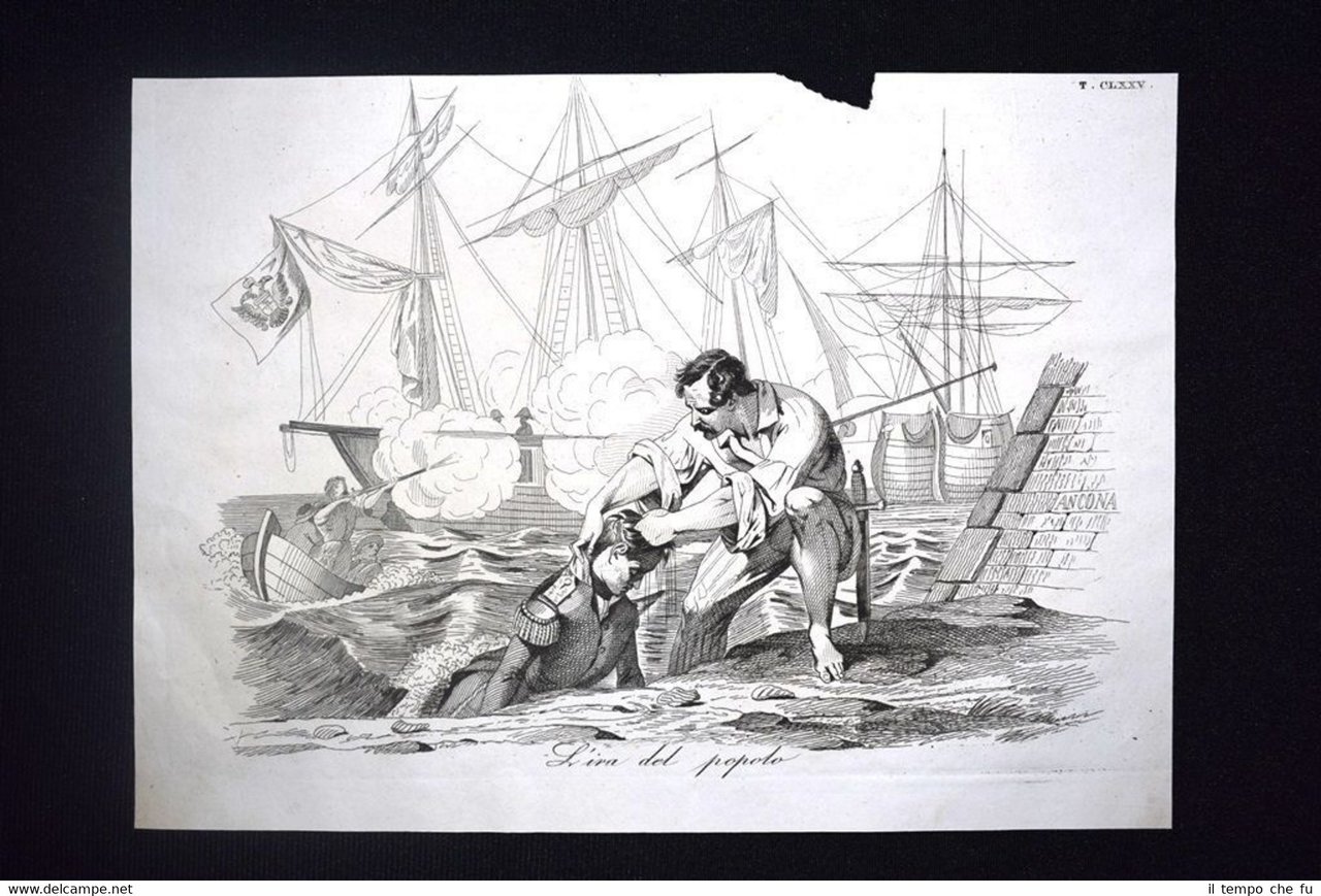 Incisione d'allegoria e satira Ancona resiste assedio Austria Don Pirlone …