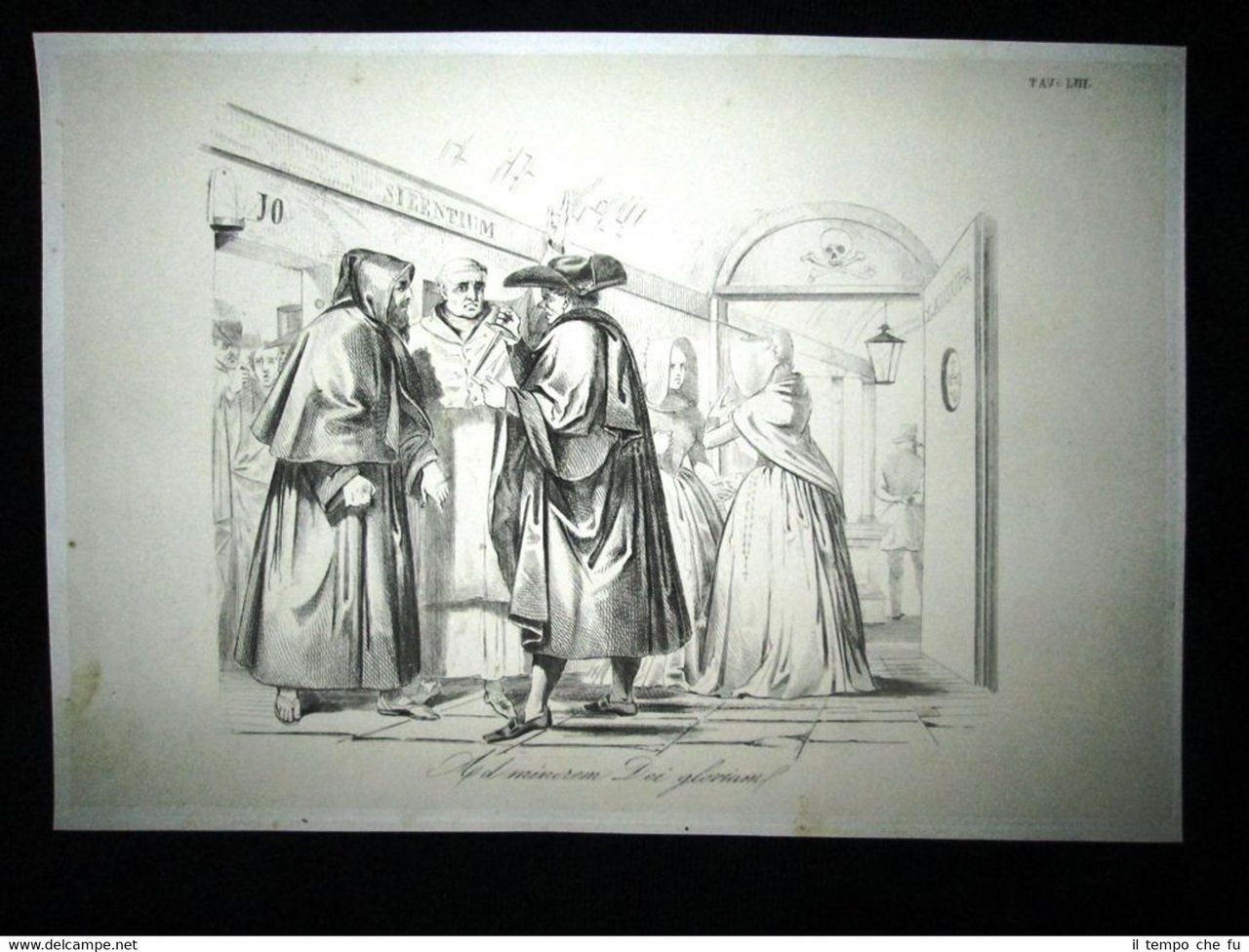 Incisione d'allegoria e satira Associazioni politiche,conventi Don Pirlone 1851