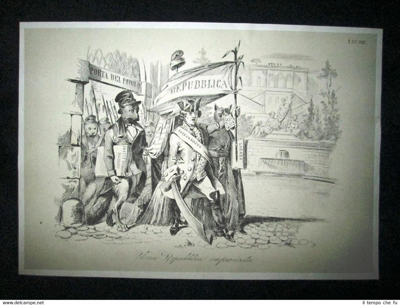 Incisione d'allegoria e satira Cassandrino,Labaro,Costit.Romano Don Pirlone 1851