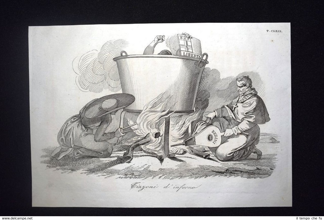 Incisione d'allegoria e satira Condanna alla libertà, Bologna Don Pirlone …