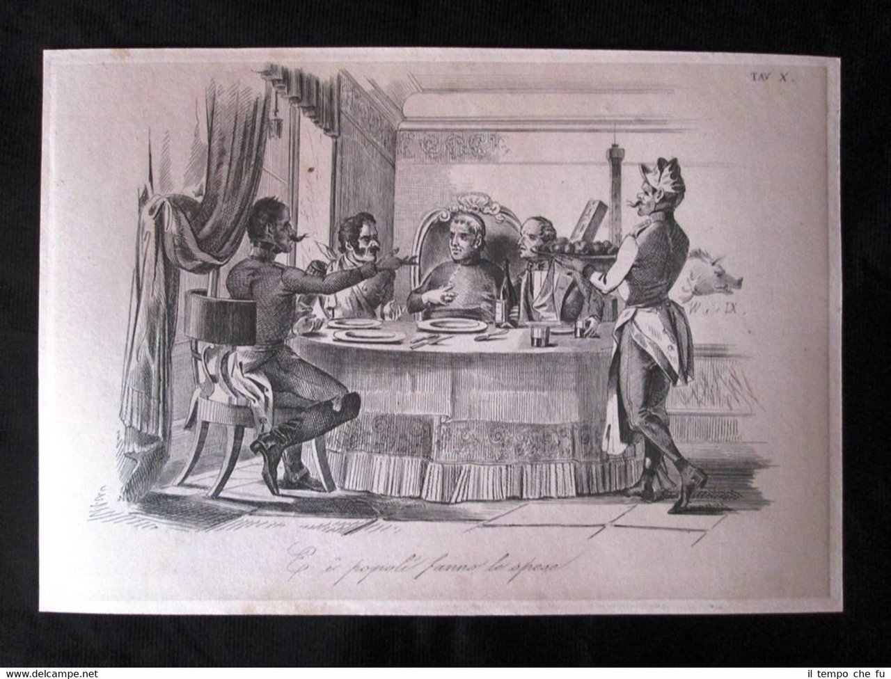 Incisione d'allegoria e satira Corsini,Marini,Guerrini,Welden Don Pirlone 1851