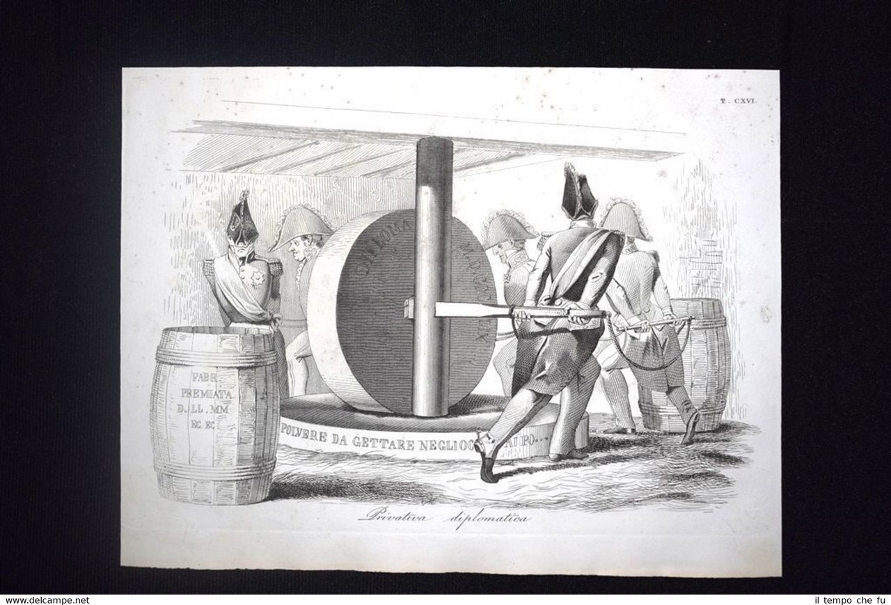 Incisione d'allegoria e satira Ferdinando di Borbone, Sicilia Don Pirlone …