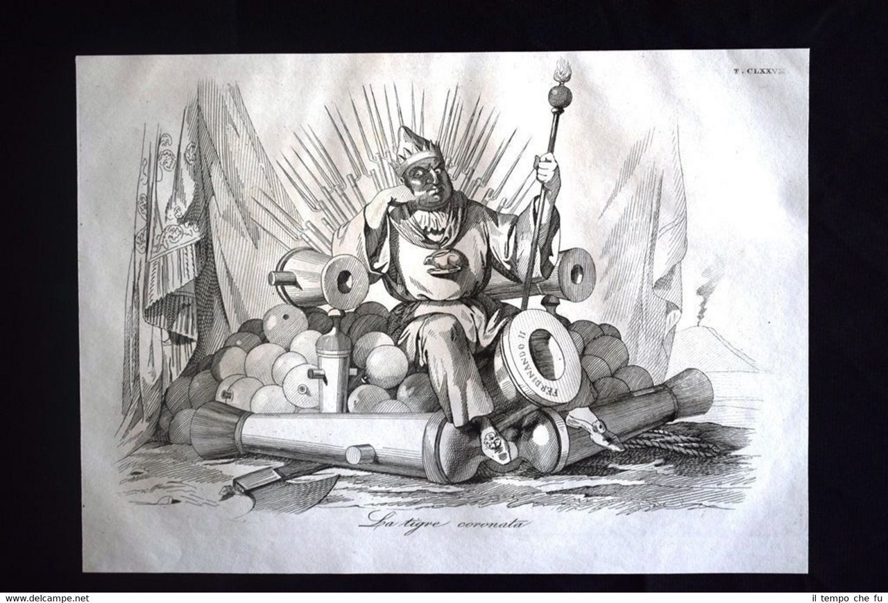Incisione d'allegoria e satira Ferdinando II di Borbone Don Pirlone …