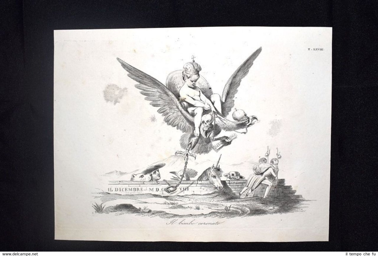 Incisione d'allegoria e satira Francesco Giuseppe I d'Austria Don Pirlone …