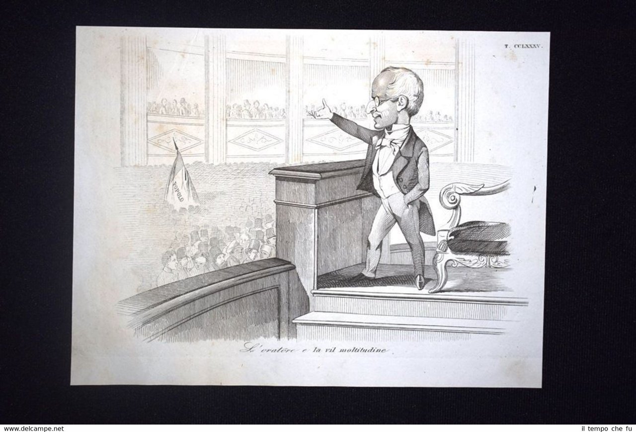 Incisione d'allegoria e satira Francia, Adolphe Thiers Don Pirlone 1851