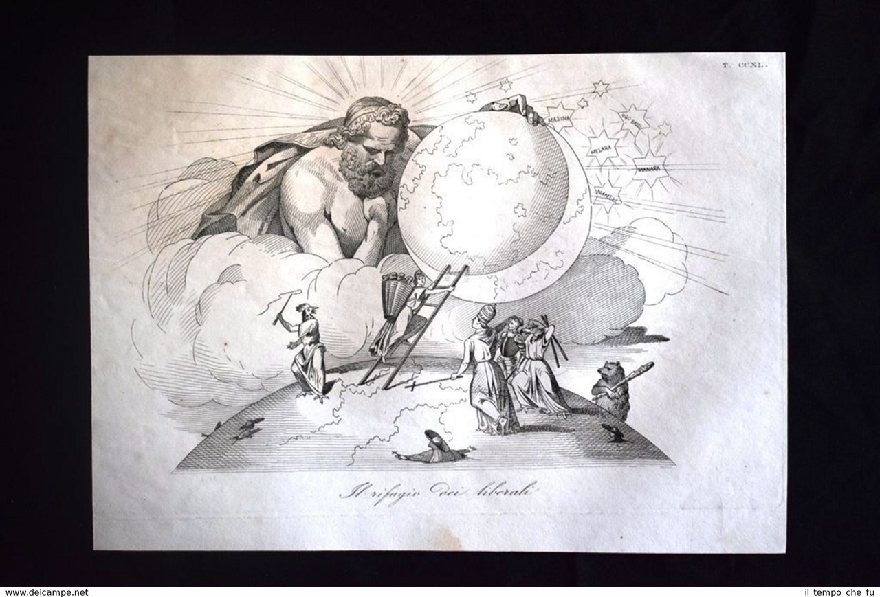 Incisione d'allegoria e satira Gli eroi nazionali in esilio Don …