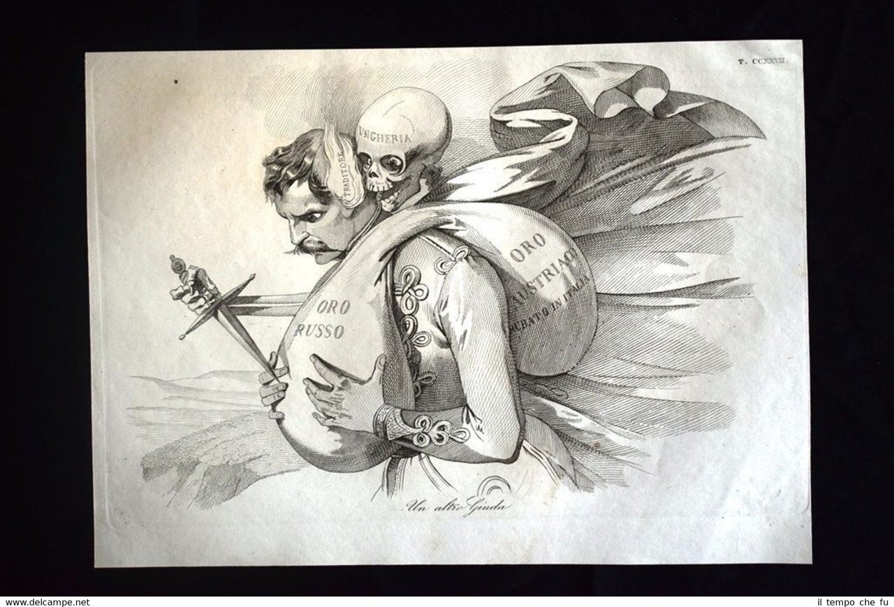Incisione d'allegoria e satira Goergey, Tradimento Ungheria Don Pirlone 1851