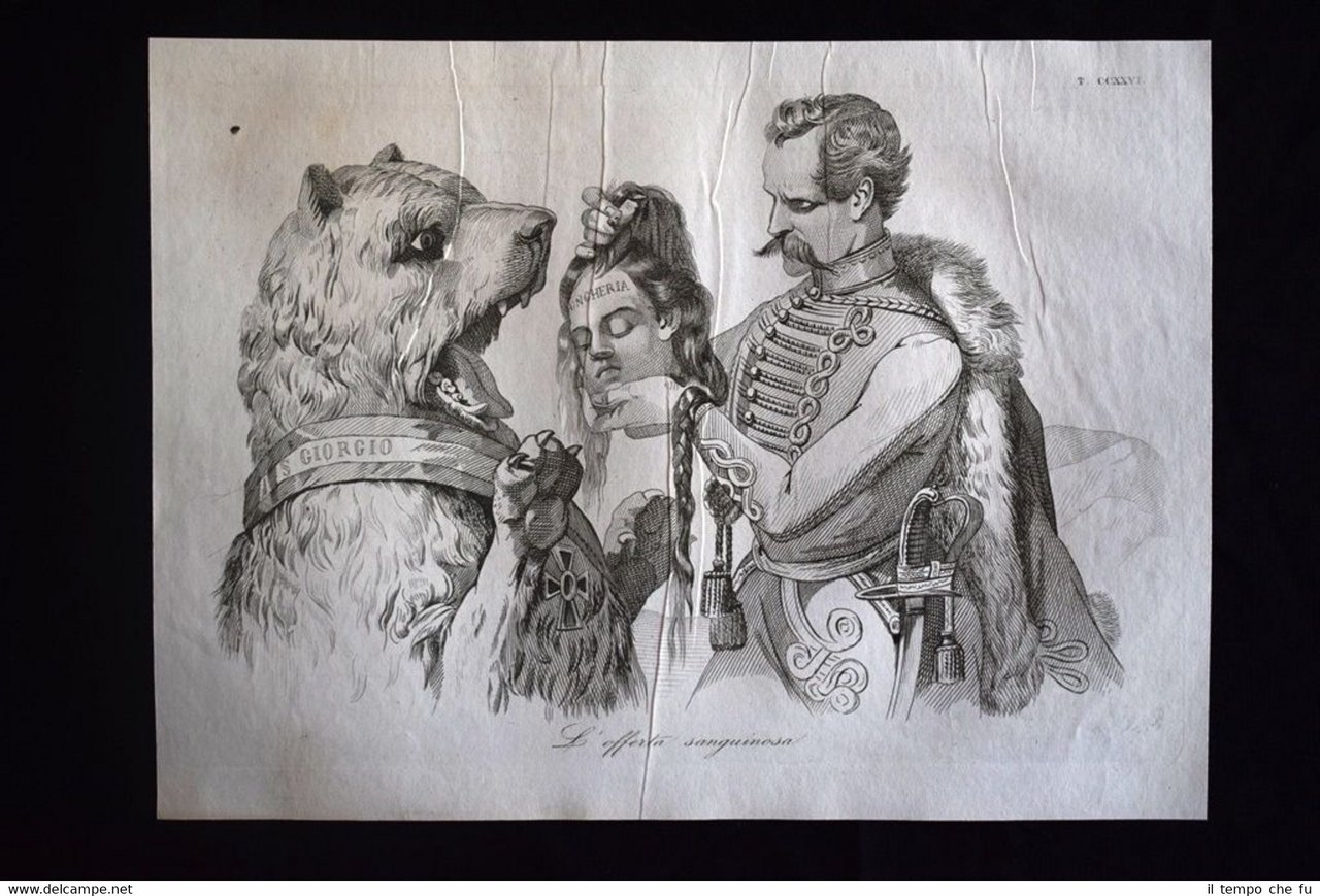 Incisione d'allegoria e satira Goergey, Ungheria, Russia Don Pirlone 1851
