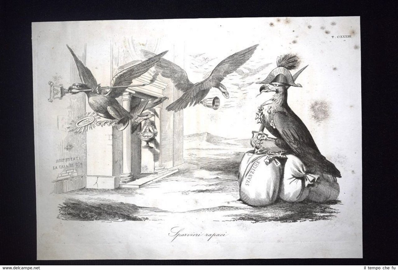 Incisione d'allegoria e satira Il saccheggio delle basiliche Don Pirlone …