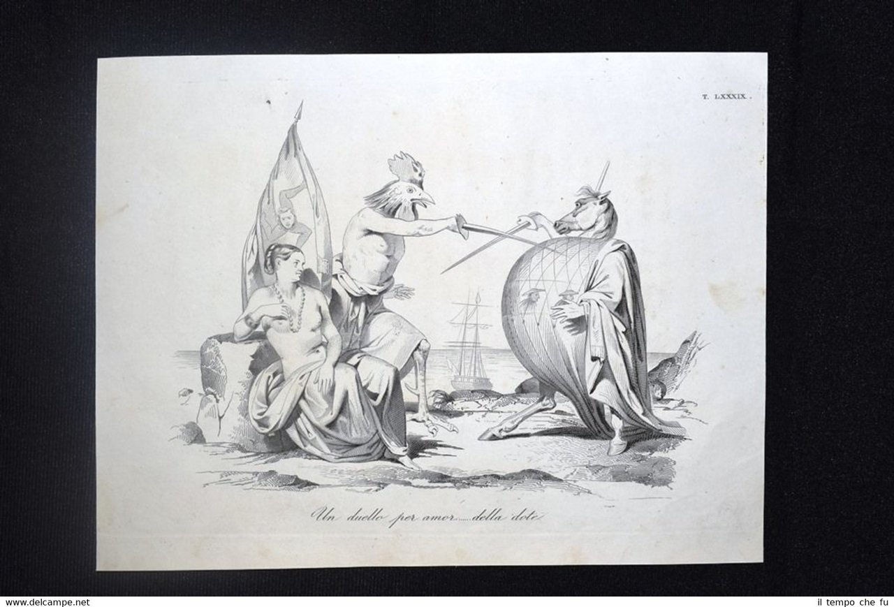 Incisione d'allegoria e satira Italia,Francia,Inghilterra Don Pirlone 1851