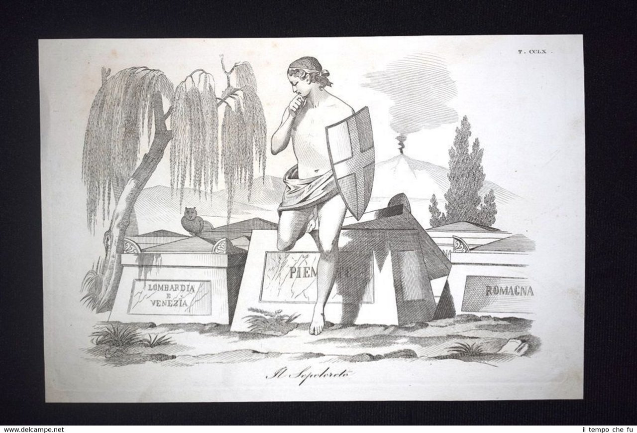 Incisione d'allegoria e satira Italia, Piemonte, Libertà Don Pirlone 1851