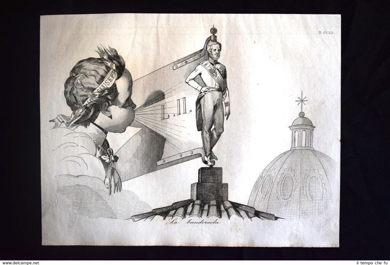 Incisione d'allegoria e satira Leopoldo II, Francesco Giuseppe Don Pirlone …