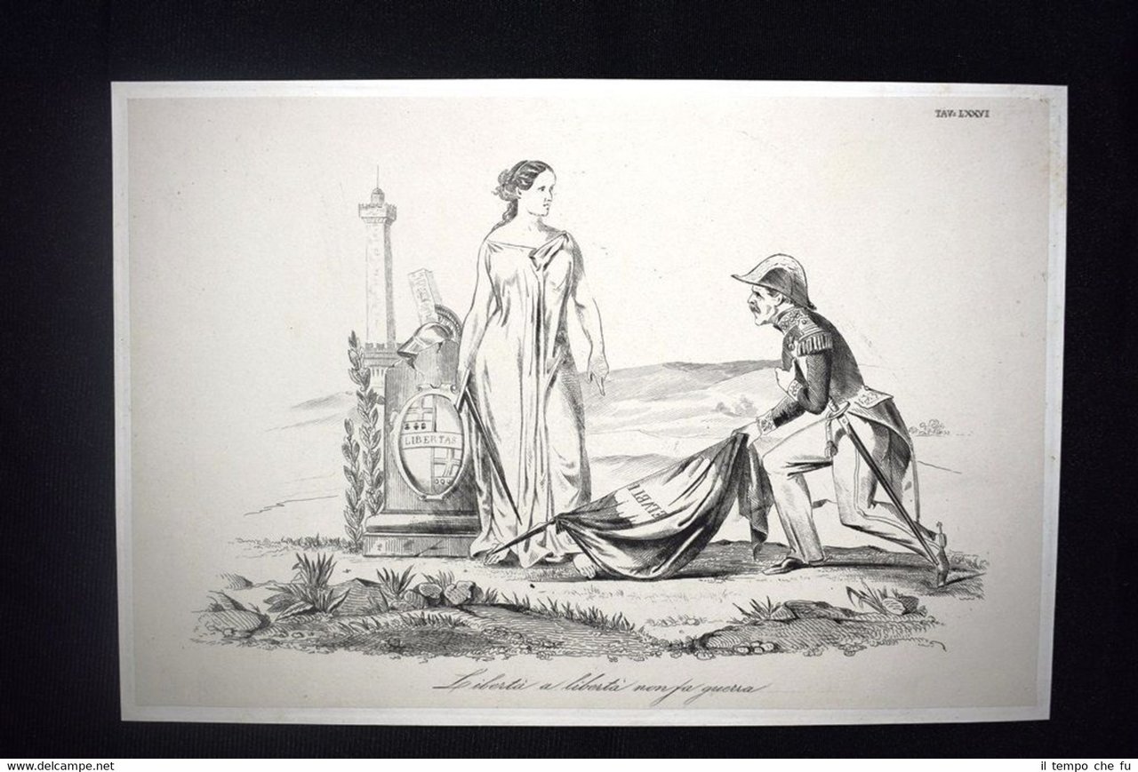 Incisione d'allegoria e satira Libertà, Bologna Don Pirlone 1851