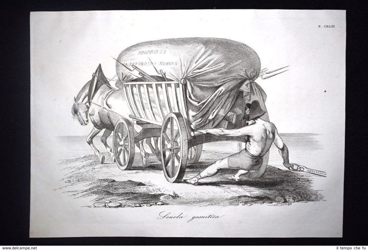 Incisione d'allegoria e satira Luigi Napoleone Bonaparte,Roma Don Pirlone 1851