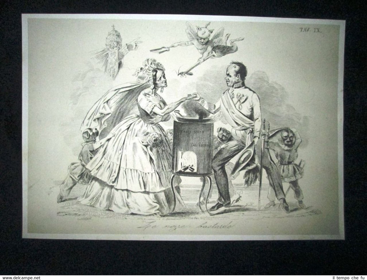 Incisione d'allegoria e satira Matrimonio Radetzky e Meregalli Don Pirlone …