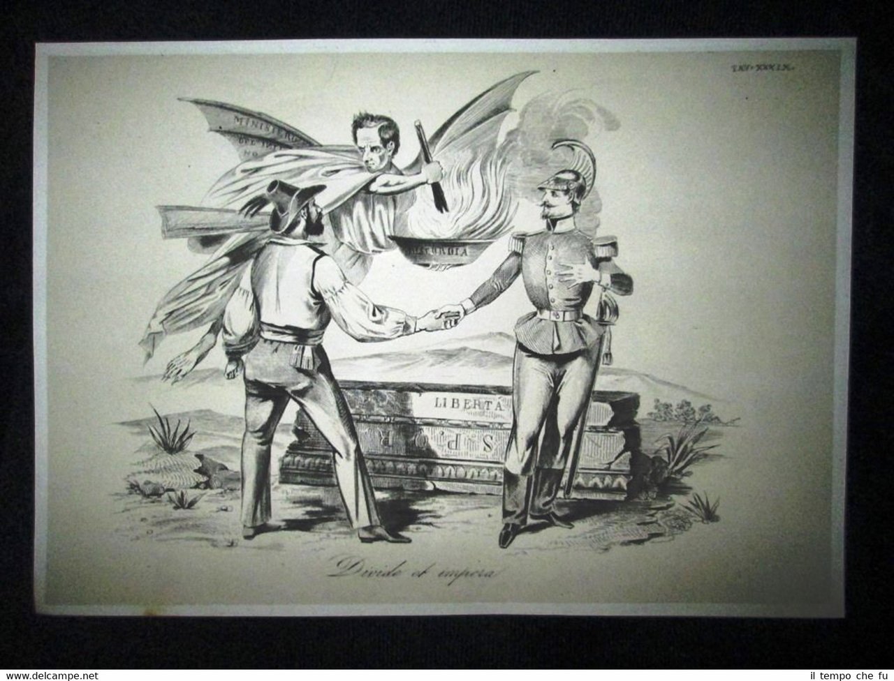 Incisione d'allegoria e satira Min. Pellegrino Rossi Don Pirlone 1851