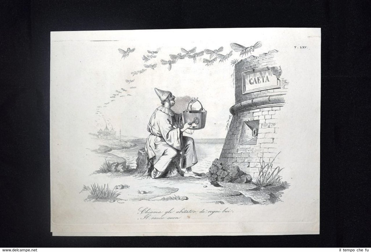 Incisione d'allegoria e satira Papa Pio IX,Gaeta,Ferdinando II Don Pirlone …