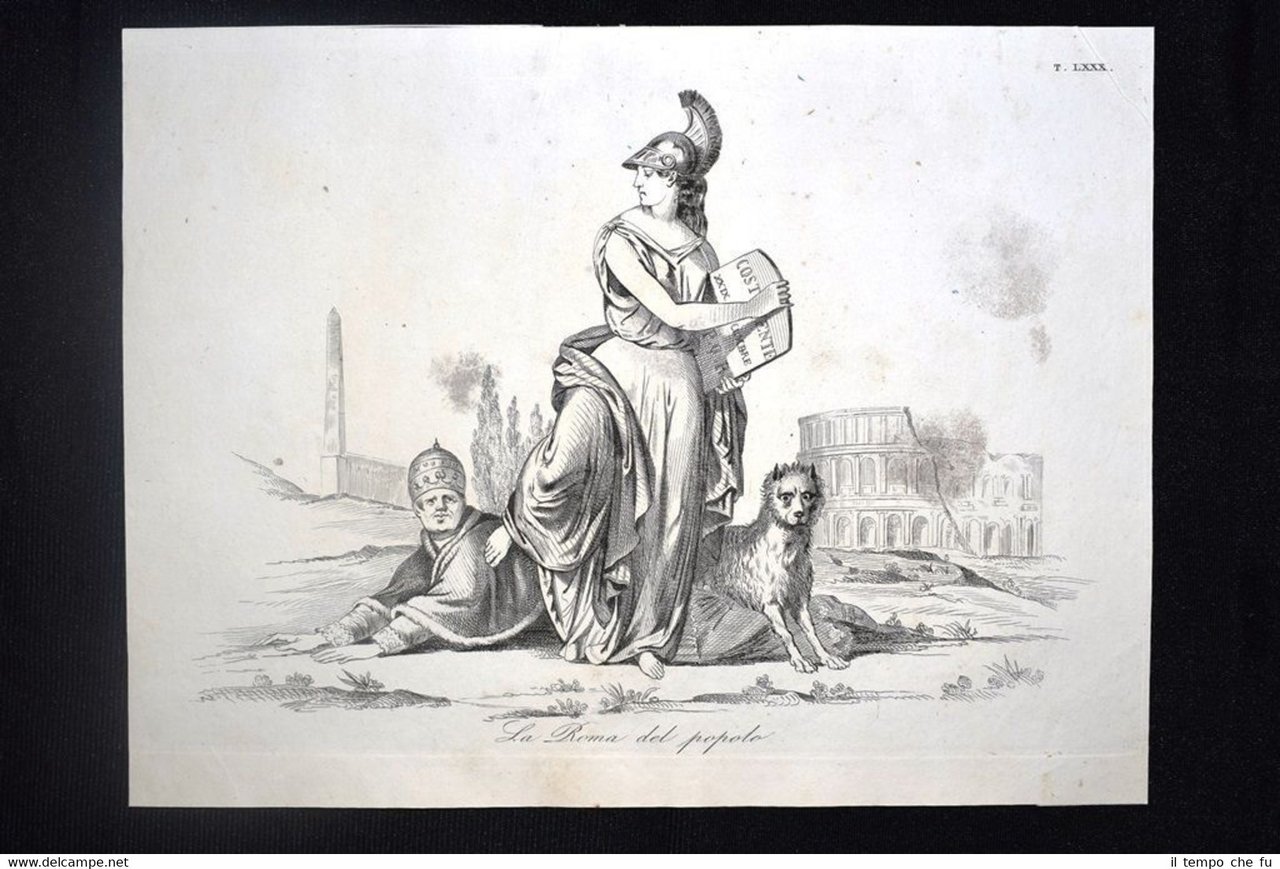 Incisione d'allegoria e satira Roma 29 dicembre 1848 Don Pirlone …