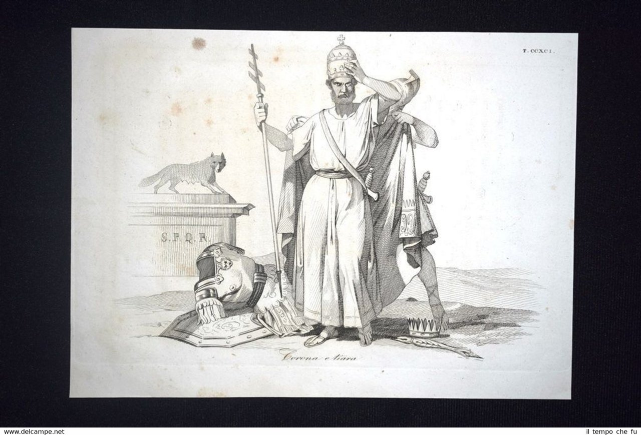 Incisione d'allegoria e satira Roma, Costantino, Pio IX Don Pirlone …