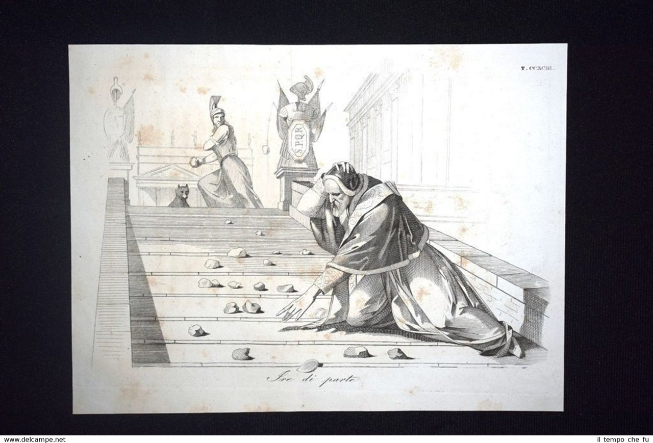 Incisione d'allegoria e satira Scisma Roma Simmaco Lorenzo Don Pirlone …