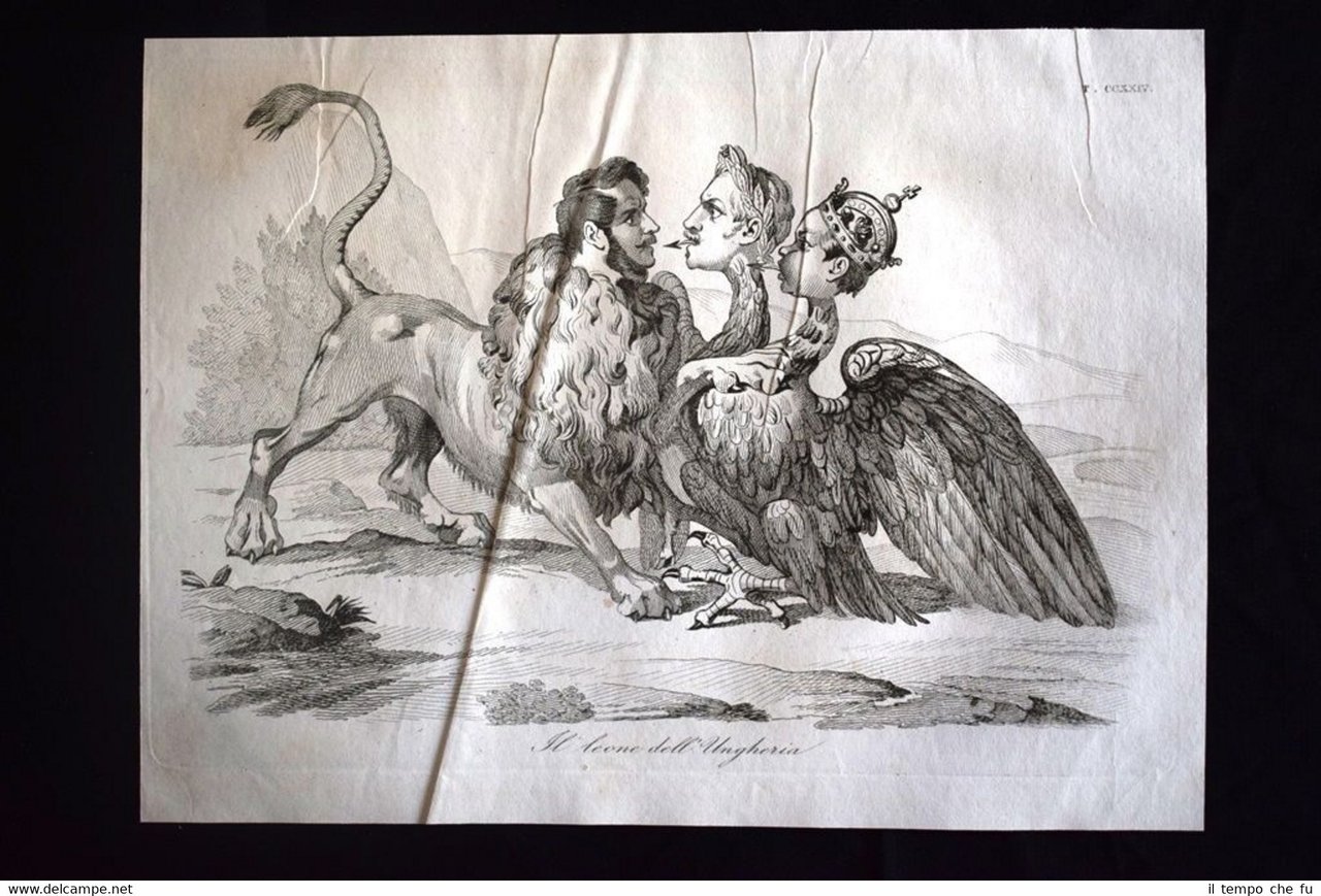 Incisione d'allegoria e satira Ungheria, Austria, Russia Don Pirlone 1851