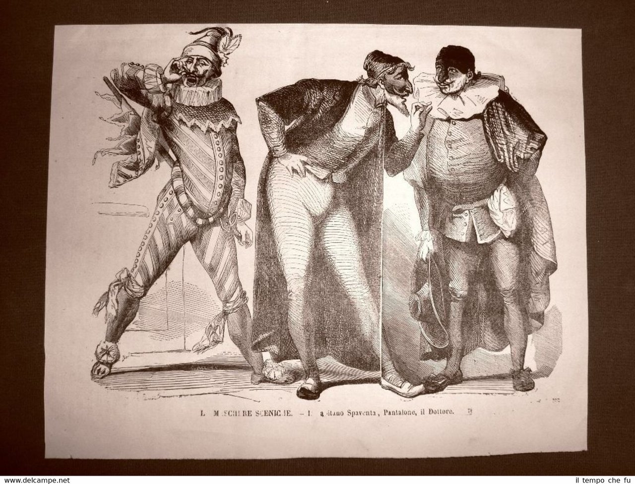 Incisione del 1866 Carnevale in Italia Maschere Spaventa, Pantalone, Dottore