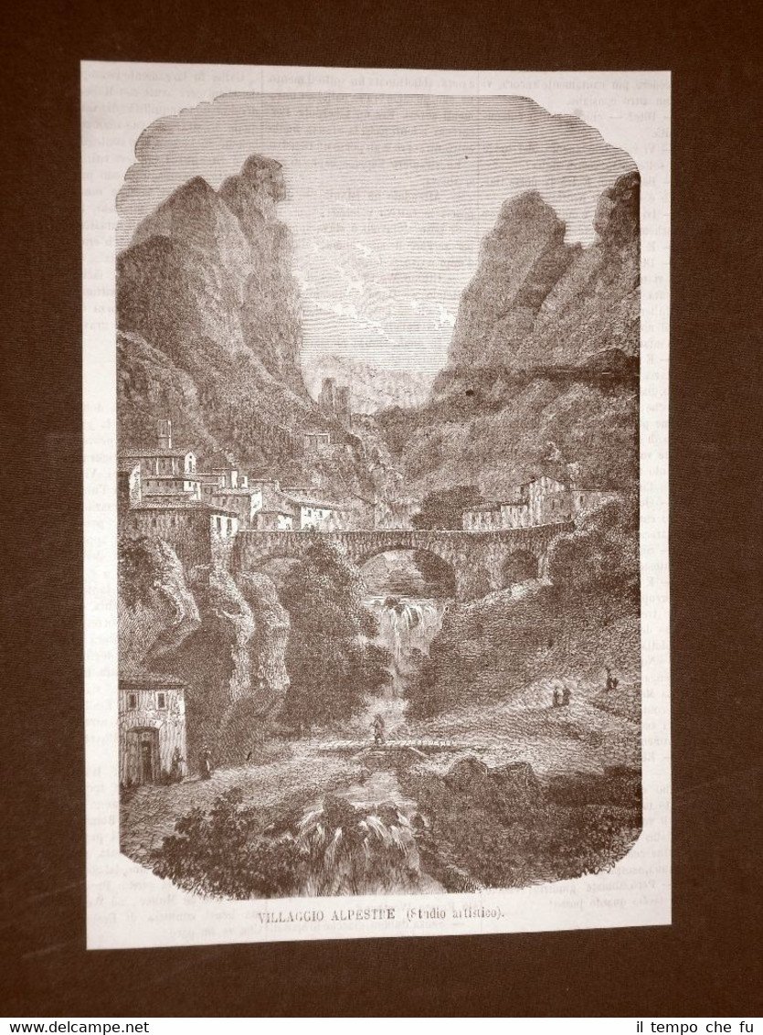 Incisione del 1866 Villaggio alpestre o sulle Alpi Studio artistico …