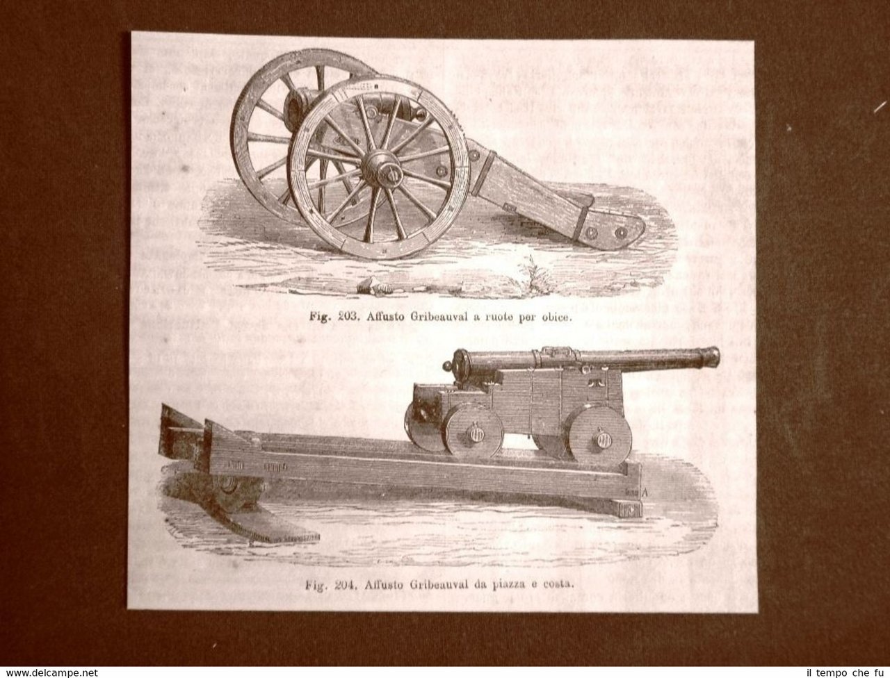 Incisione del 1875 Armi e Artiglieria Cannone Affusto Gribeauval a …