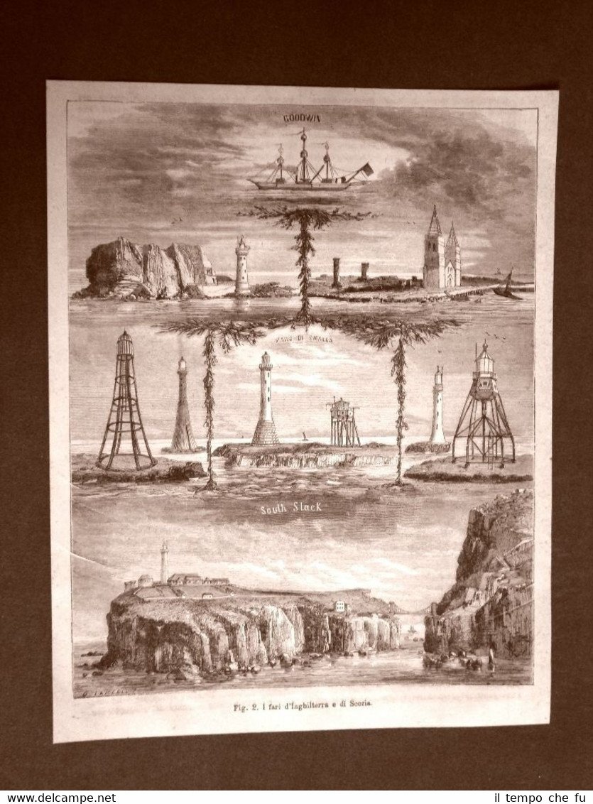 Incisione del 1875 Fari d'Inghilterra e Scozia Faro GoodWin, South …