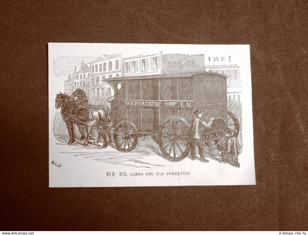 Incisione del 1875 Invenzione Il carro del gas portatile
