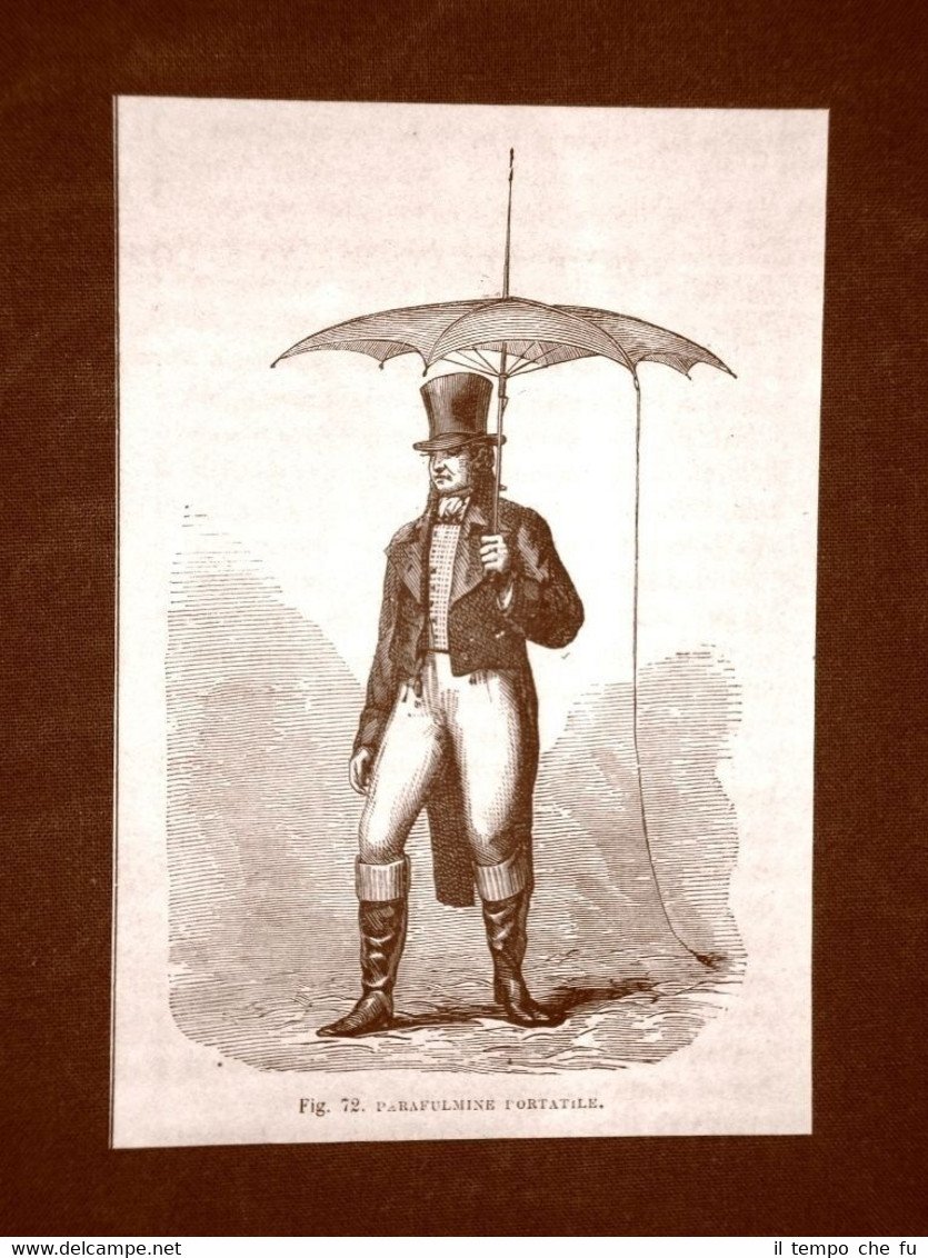 Incisione del 1875 Invenzione Il parafulmine portatile