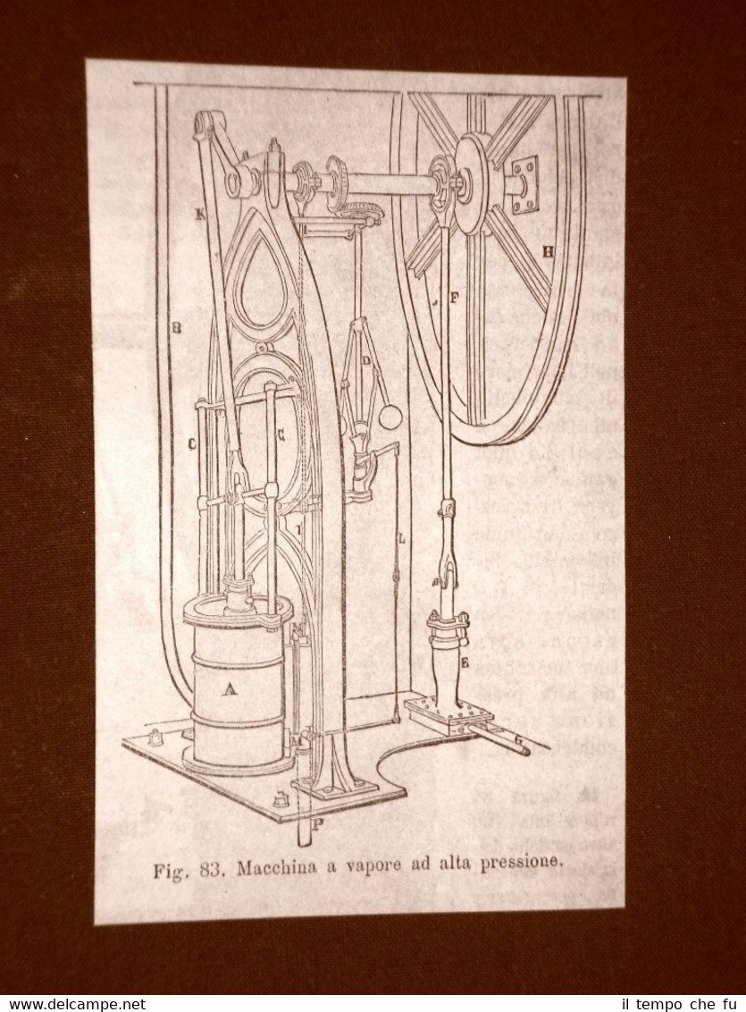 Incisione del 1875 Invenzione Macchina a vapore ad alta pressione