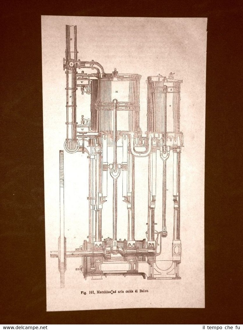 Incisione del 1875 Invenzione Macchina ad aria calda di Belou