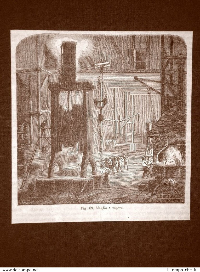 Incisione del 1875 Invenzione Maglio a vapore