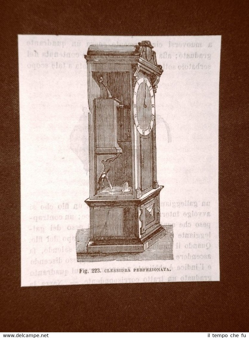 Incisione del 1875 Invenzione Orologio La clessidra perfezionata