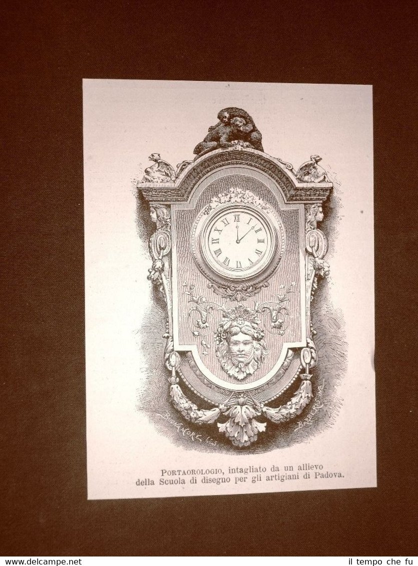 Incisione del 1877 Portaorologio della scuola di disegno di Padova