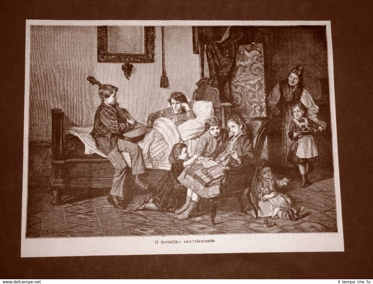 Incisione del 1881 Il fratellino convalescente Quadro di Schlesinger