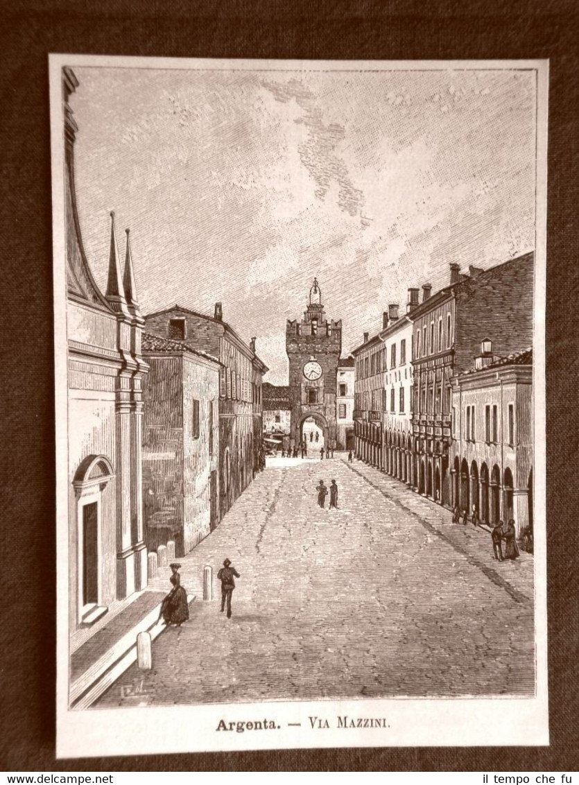 Incisione del 1891 Argenta, via Giuseppe Mazzini - Emilia Romagna