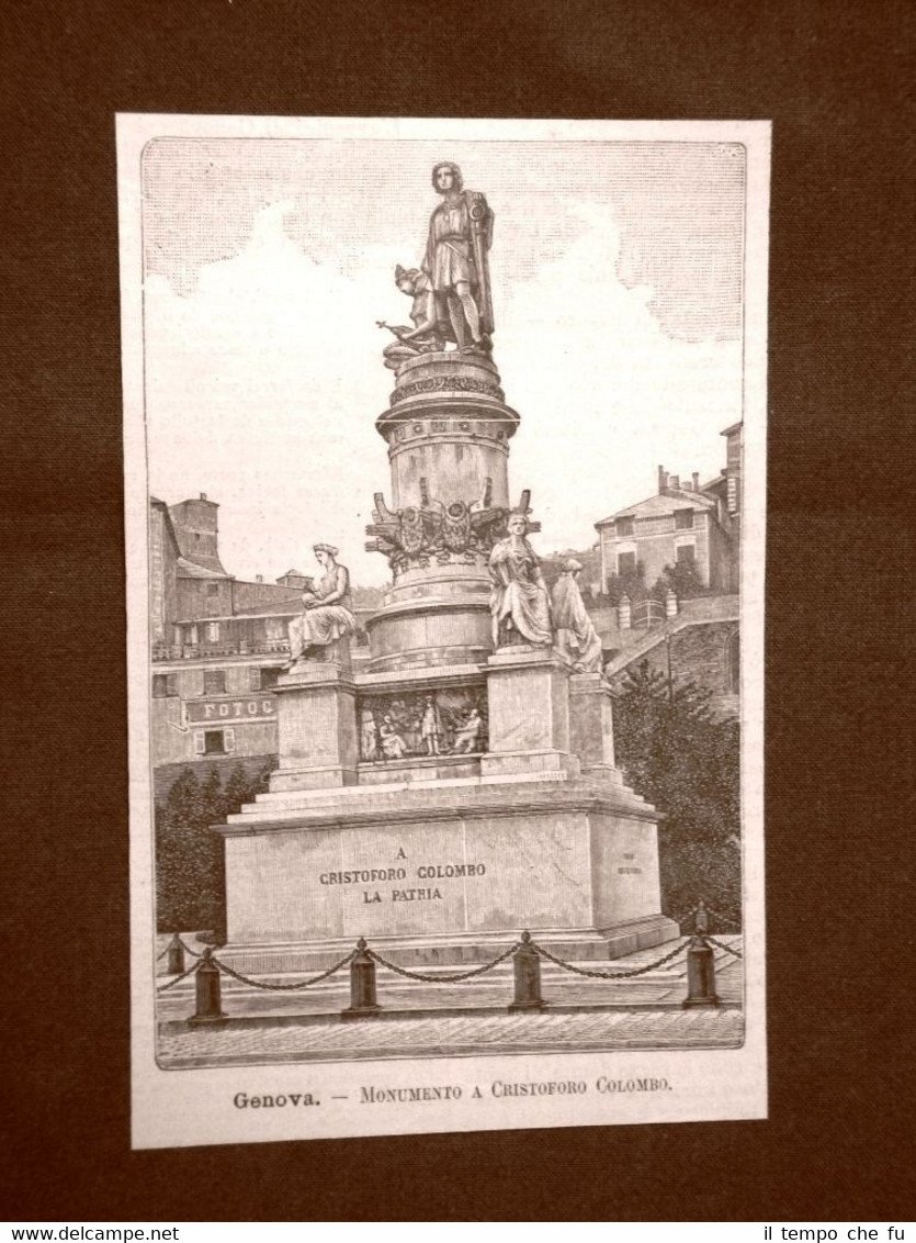 Incisione del 1891 Genova, Monumento a Cristoforo Colombo - Liguria
