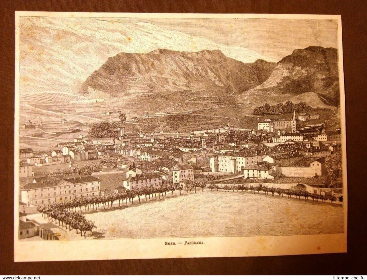 Incisione del 1891 Rarissimo panorama di Val di Susa - …