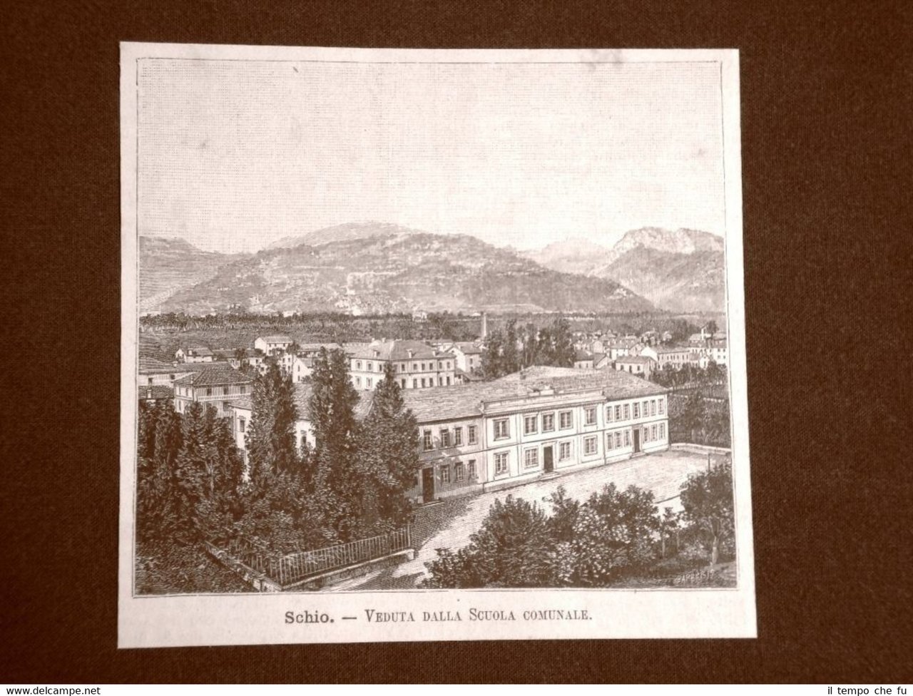 Incisione del 1891 Schio, Veduta della Scuola Comunale - Veneto