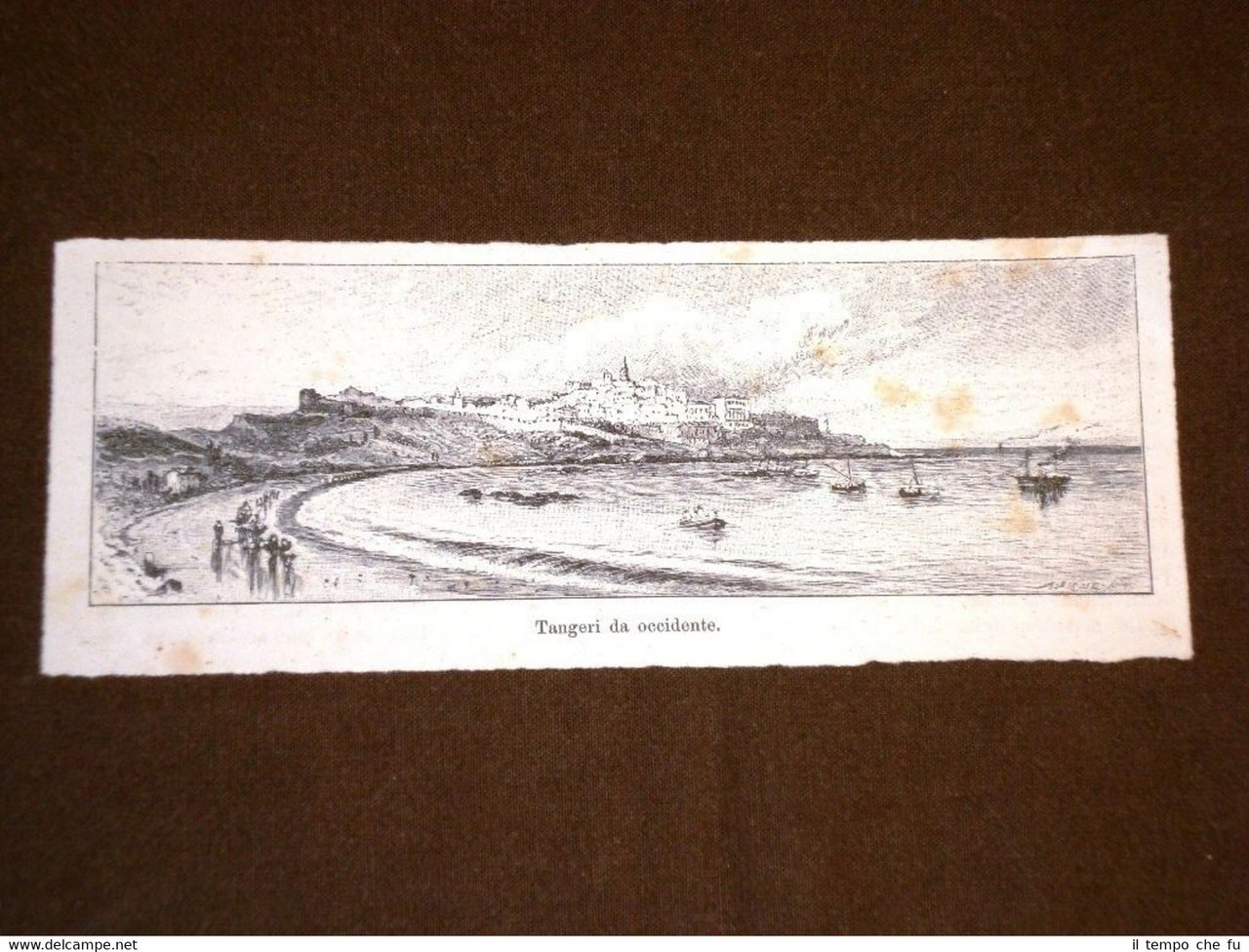 Incisione del 1892 Tangeri da occidente Marocco Mediterraneo Pittoresco