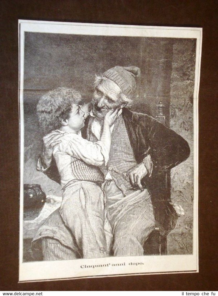 Incisione di un dipinto : Cinquant'anni dopo Bambino ed anziano