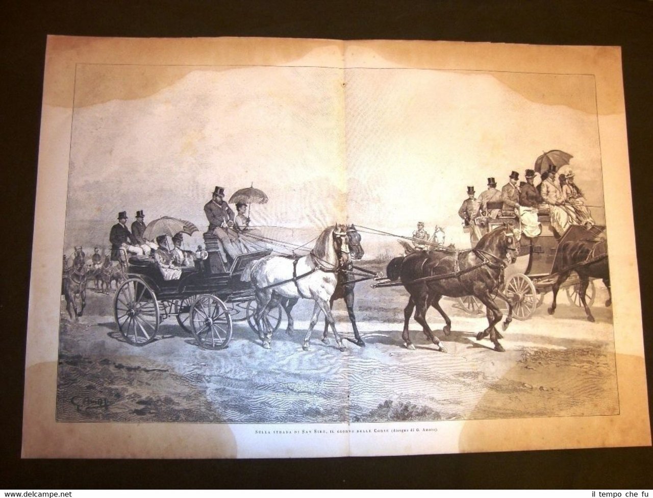 Incisione enorme del 1889 Milano Strada Ippodormo di San Siro …