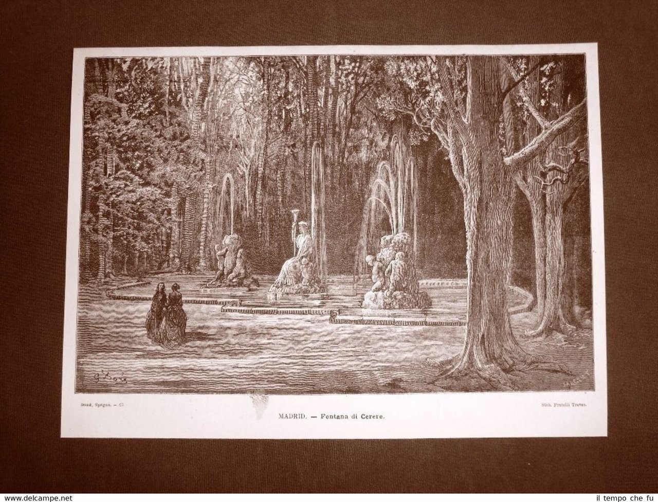 Incisione Gustave Dorè del 1874 Madrid Fontana di Cerere