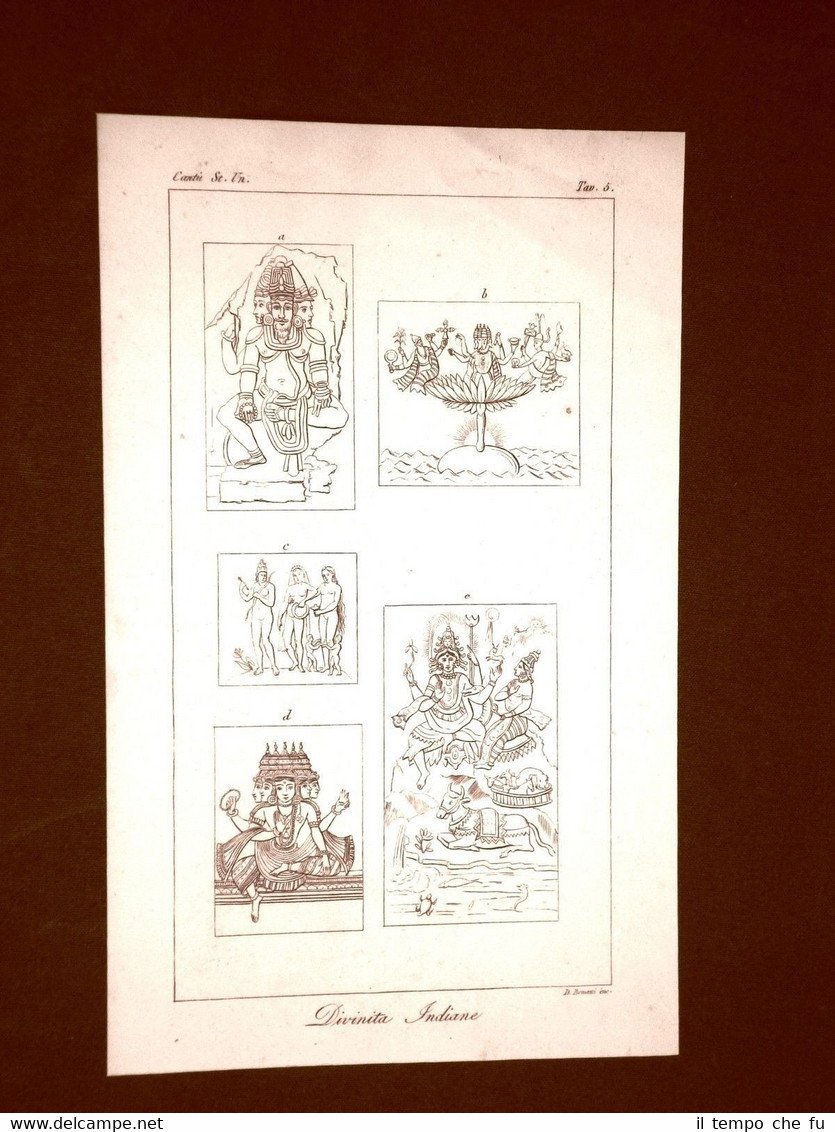 Incisione in rame del 1846 Divinità India Trimurti Bram Shiva …