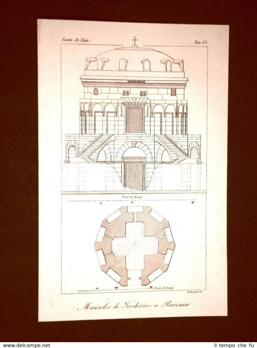 Incisione in rame del 1846 Mausoleo di Teodorico Ravenna Bonatti …