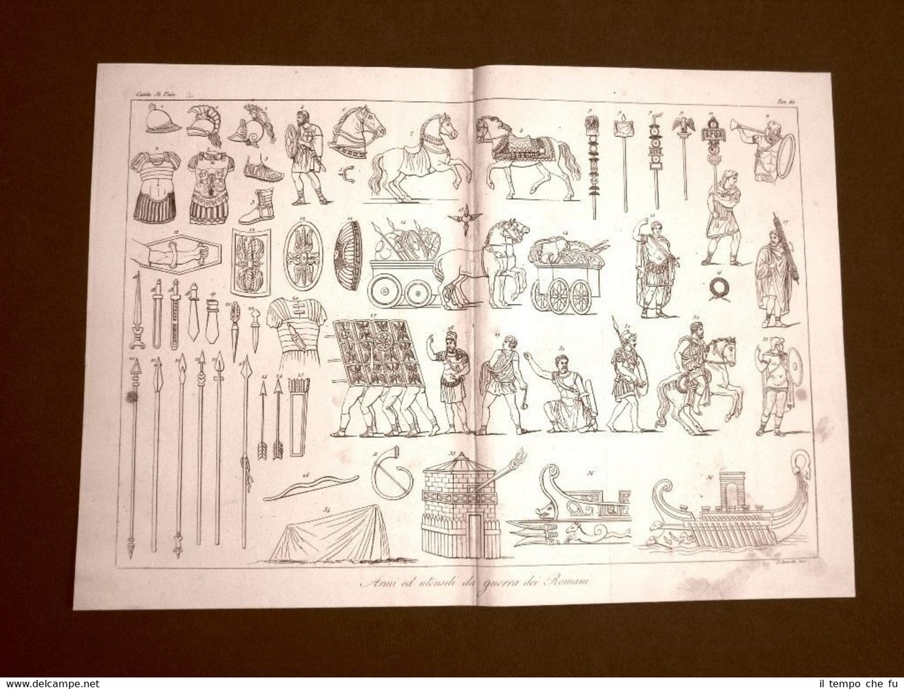 Incisione in rame del 1846 Roma Armi e soldati romani …