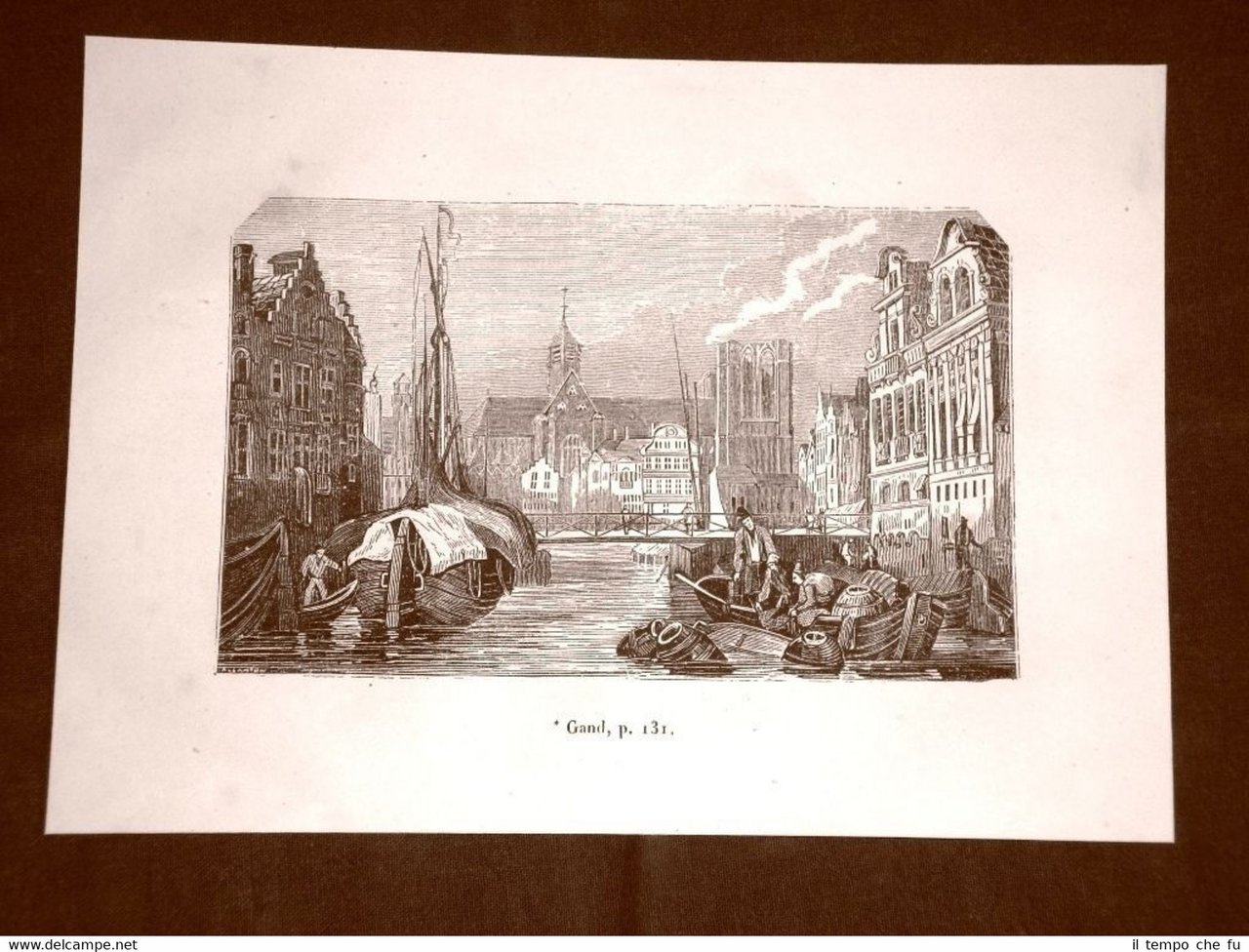 Incisione in rame del 1849 Veduta della Città di Gand …